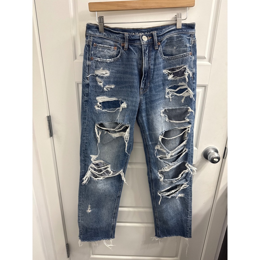 American Eagle 90s Boyfriend Jeans Distressed Raw Hem Blue Denim Womens 6 Reg